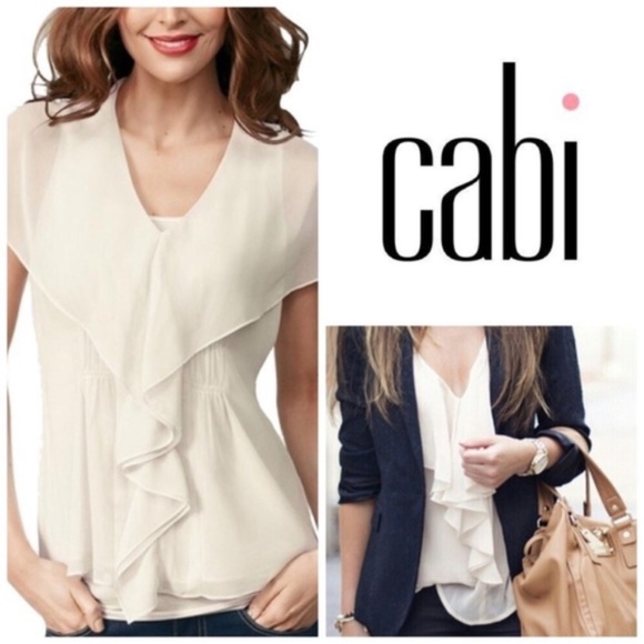 CAbi Tops - CAbi Whisper Ruffle Blouse in Ivory/Light Grey